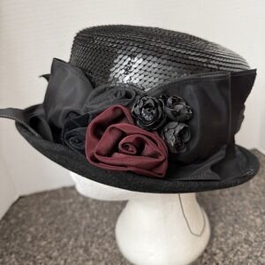 Whittall & Shon Black Wool Sequin Cloche Hat Burgundy Rose Floral Church Derby S